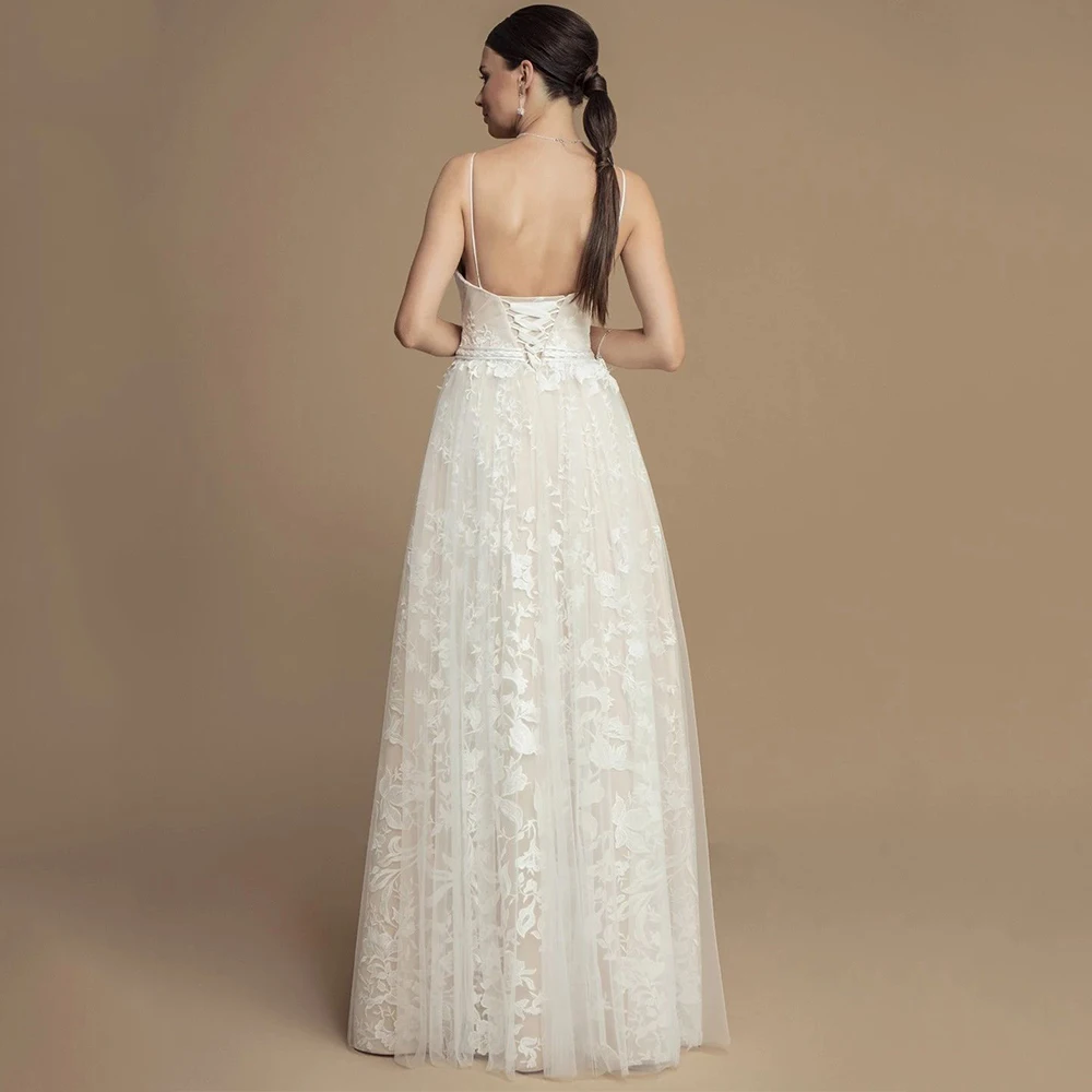 Элегантное свадебное платье трапециевидной формы длиной до пола, женское тюлевое свадебное платье с глубоким V-образным вырезом, бретельки-спагетти, аппликации, свадебное платье без спинки Vestido Novia 1