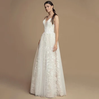 Элегантное свадебное платье трапециевидной формы длиной до пола, женское тюлевое свадебное платье с глубоким V-образным вырезом, бретельки-спагетти, аппликации, свадебное платье без спинки Vestido Novia