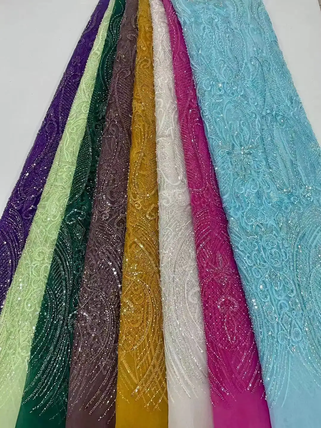 Новейшая роскошная Элегантная африканская вышивка 2023 Года, кружево жениха, Нигерийская тяжелая ткань из бисера с блестками для свадебного платья 5