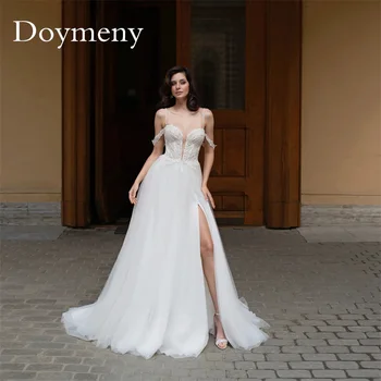 Элегантное свадебное платье Doymeny на тонких бретельках из тюля с V-образным вырезом и высоким разрезом на шнуровке Вечернее платье Robe De Mariee