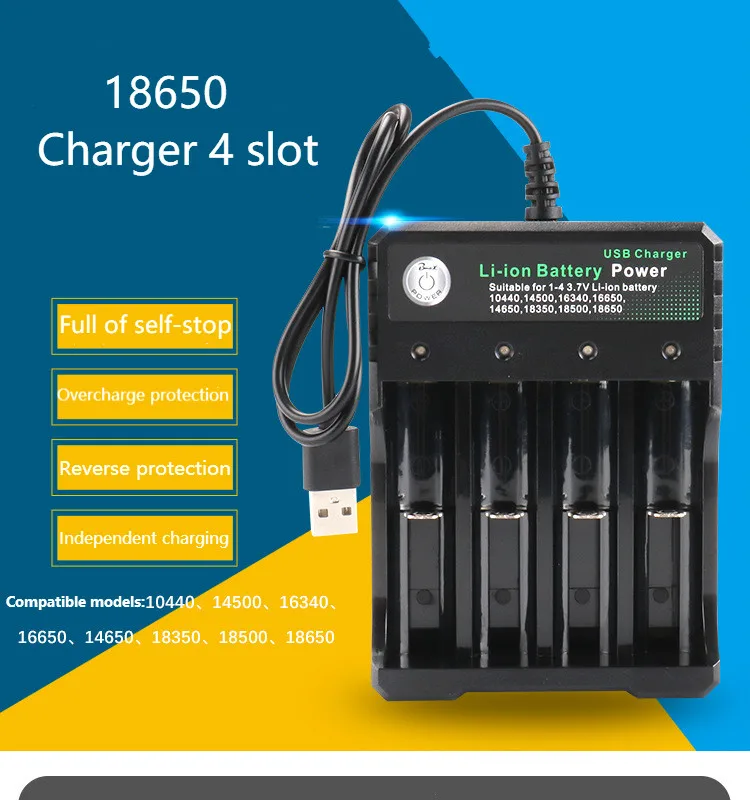 литий-ионная аккумуляторная батарея 3,7 В для светодиодного фонарика 18650 оптом + USB-зарядное устройство 4