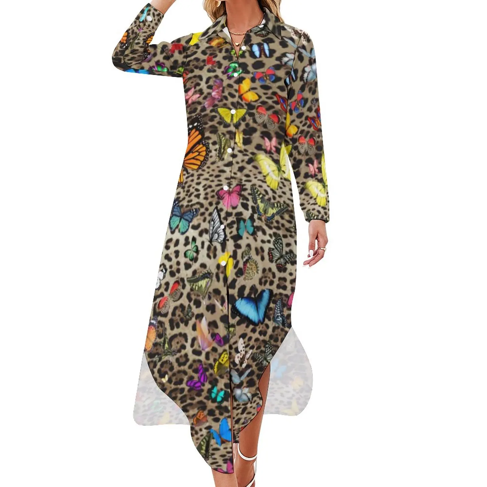 Повседневное платье с леопардовой бабочкой, бабочки с животным принтом, простые платья С длинным рукавом, Элегантное Шифоновое платье с V-образным вырезом и принтом Оверсайз 0