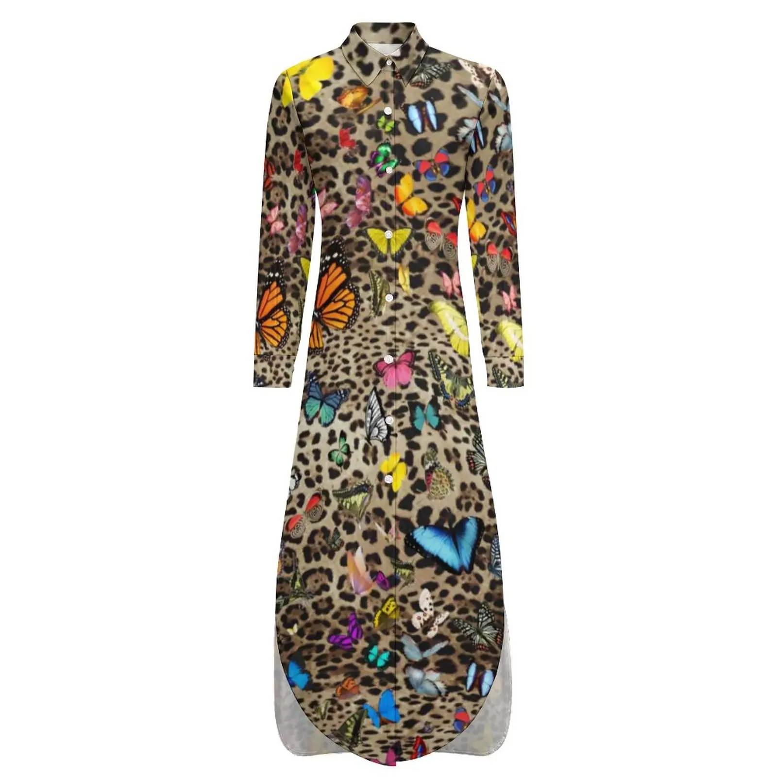 Повседневное платье с леопардовой бабочкой, бабочки с животным принтом, простые платья С длинным рукавом, Элегантное Шифоновое платье с V-образным вырезом и принтом Оверсайз 4