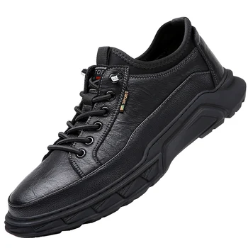 Мужские демисезонные модные повседневные кроссовки из натуральной кожи, черные низкие туфли на платформе с круглым носком, уличная безопасная обувь для ходьбы, Рабочая