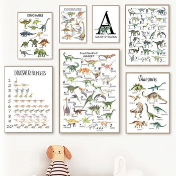 Мультяшная карта динозавра, плакат с цифрами алфавита ABC, настенное искусство для детской, холст, живопись, принты, настенная картина в скандинавском стиле, Декор детской комнаты для малышей