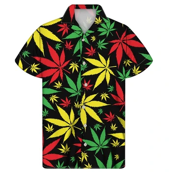 Летняя Пляжная Красочная рубашка с Кубинским воротником и принтом в виде листьев травы, Уютная Повседневная рубашка с коротким рукавом Для мужчин