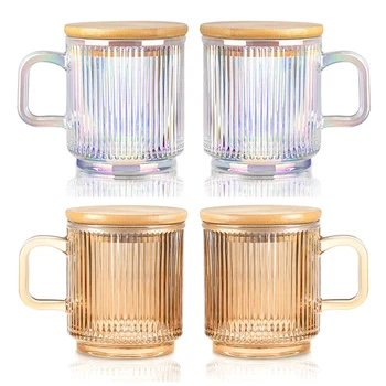 Стеклянная кофейная чашка с крышкой из 2 предметов, Стеклянные кофейные кружки, кофейные стаканы в рубчик с ручкой для латте, капучино, чая, молока