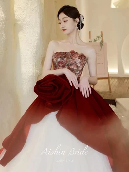 Бордово-белые вечерние платья без бретелек с вышивкой Длиной до пола, многоуровневые винтажные Тонкие платья Pincess для выпускного вечера