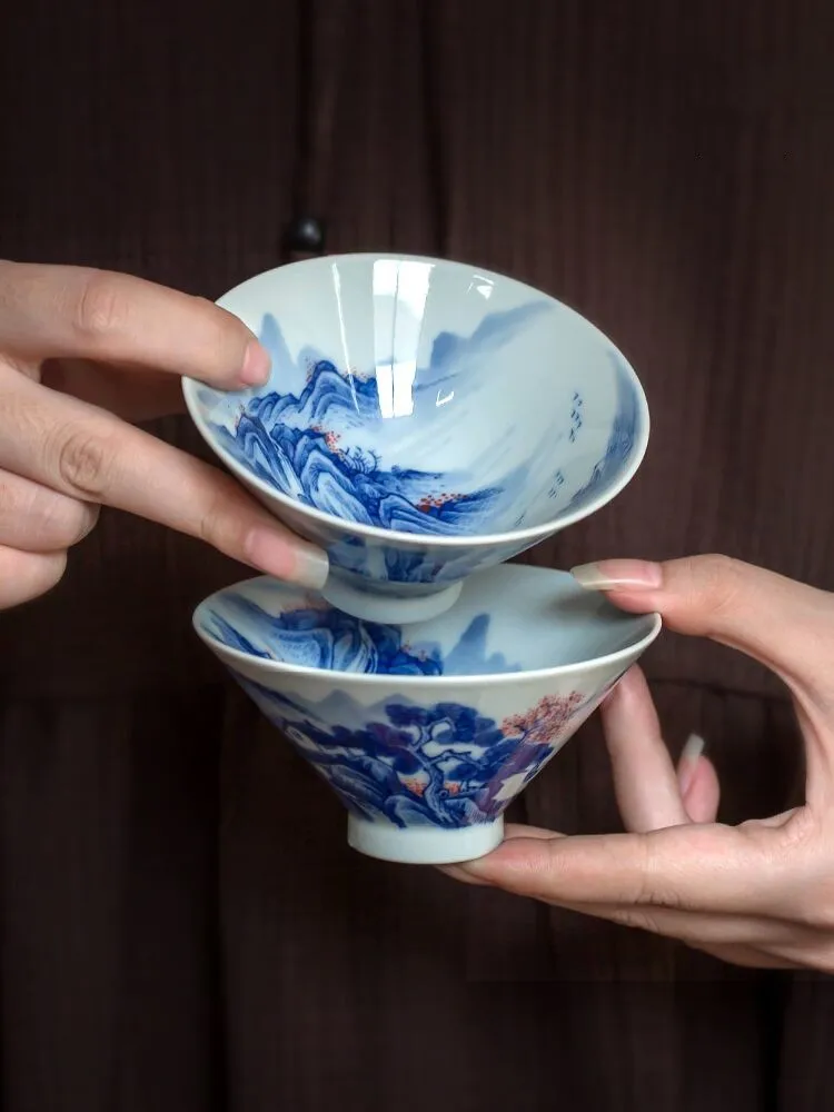 Цзиндэчжэнь, расписанный вручную антикварный пейзаж из бело-голубого фарфора, чашка для шляпы, чашка для керамических мастеров ручной работы, с росписью внутри 0