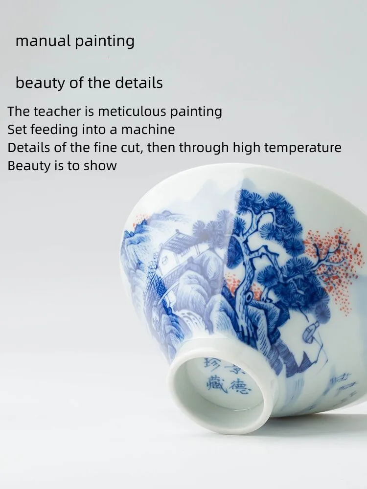 Цзиндэчжэнь, расписанный вручную антикварный пейзаж из бело-голубого фарфора, чашка для шляпы, чашка для керамических мастеров ручной работы, с росписью внутри 1