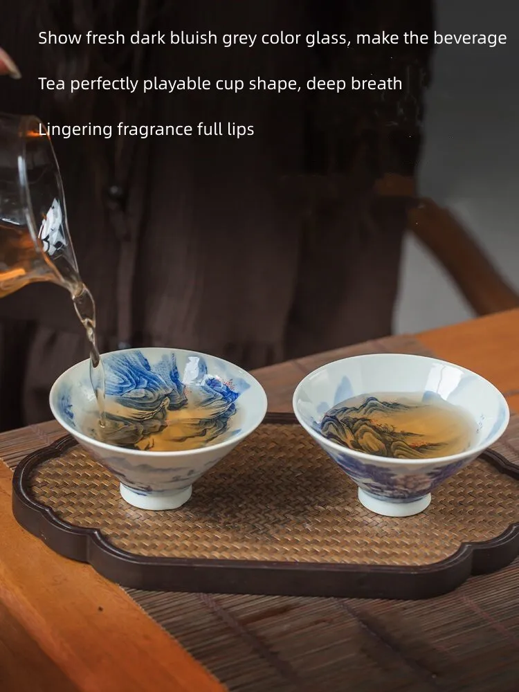 Цзиндэчжэнь, расписанный вручную антикварный пейзаж из бело-голубого фарфора, чашка для шляпы, чашка для керамических мастеров ручной работы, с росписью внутри 2