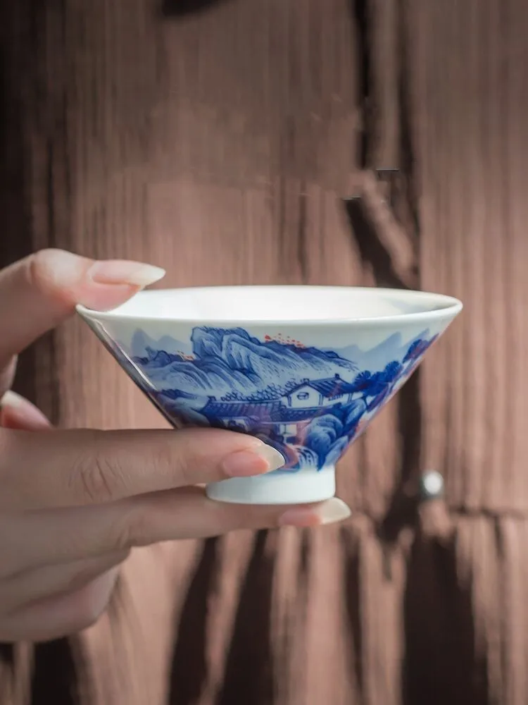 Цзиндэчжэнь, расписанный вручную антикварный пейзаж из бело-голубого фарфора, чашка для шляпы, чашка для керамических мастеров ручной работы, с росписью внутри 3