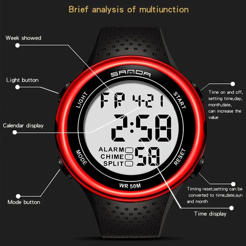 Цифровые часы Мужские Водонепроницаемые спортивные часы для мужчин Светодиодные наручные часы Простые электронные часы мужские Relogio Masculino 4