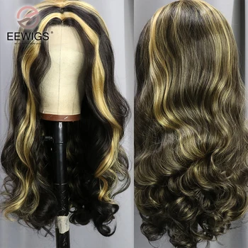 Высококачественный синтетический парик Body Wave с черной изюминкой и Медово-блондинистым кружевом спереди 13X4 без клея, предварительно выщипанный для женского косплея