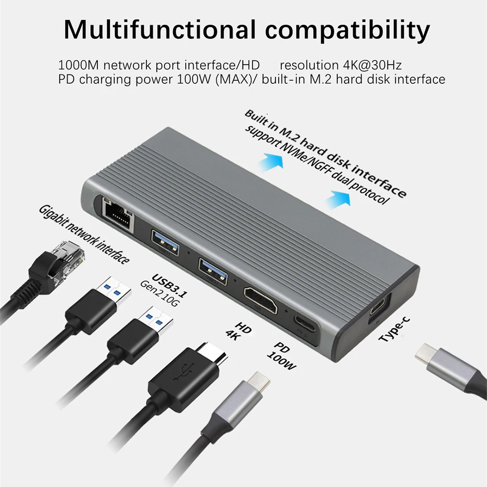USB C Концентратор Типа C3.1 к M.2 NVME NGFF HD 4K 1000M LAN 10 Гбит/с M.2 SSD Корпус USB C Концентратор Разветвитель для ноутбука MacBook 0