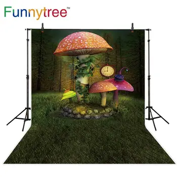 Забавный фон из дерева для фотостудии, грибной лес, трава, часы, камни, сказка для детей, фон для фотосессии