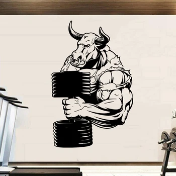 Наклейка со знаком тренажерного зала Angry Bull с гантелями, наклейка на стену с изображением фермы с животными, фитнес-тренировка, Кроссфит, наклейка на стену с вдохновляющей цитатой, винил
