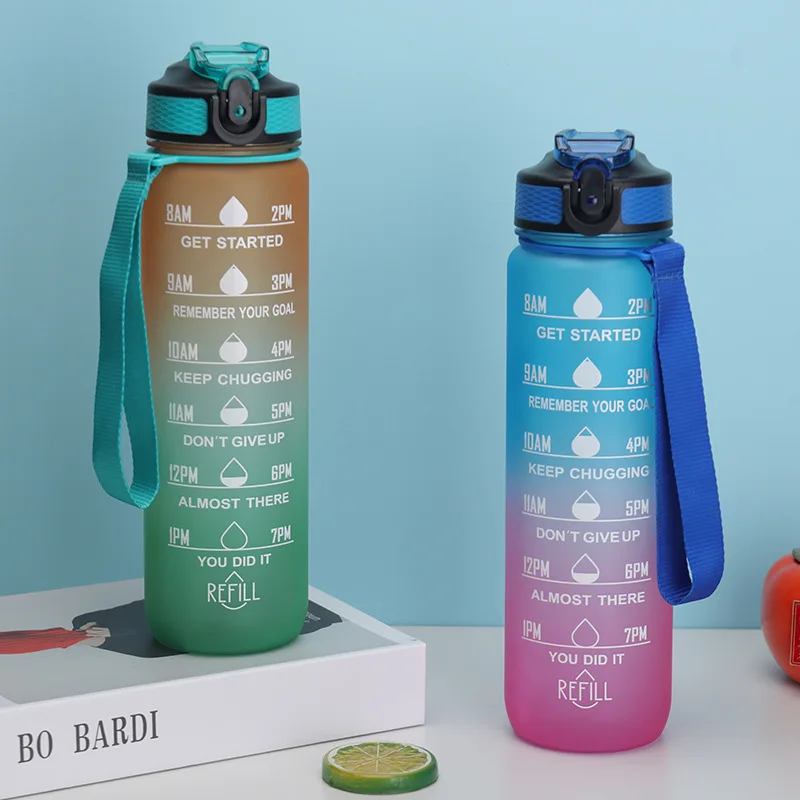Мотивационная бутылка для воды большой емкости 1000 мл, Градиентный Матовый Пластиковый спортивный стакан для воды с соломинкой для спортзала 1