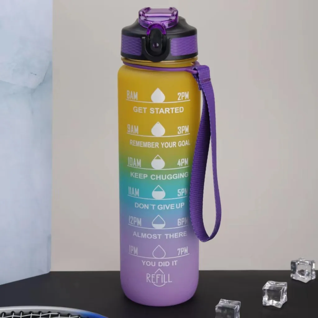 Мотивационная бутылка для воды большой емкости 1000 мл, Градиентный Матовый Пластиковый спортивный стакан для воды с соломинкой для спортзала 2