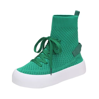 Женская повседневная обувь из зеленой трикотажной эластичной сетки 2022 года, женская обувь на платформе со шнуровкой, дышащий носок с толстым дном, обувь