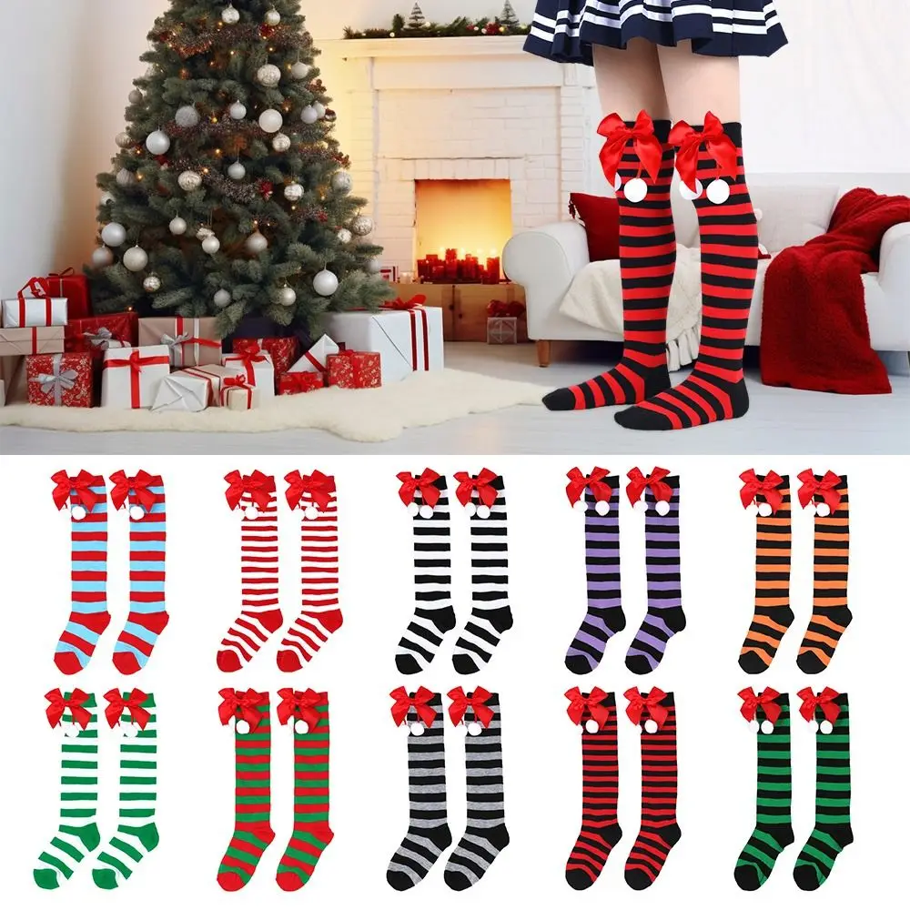 Рождественские носки с антифрикционным покрытием, милый бантик, шарик для волос, Рождественские чулки из полиэстера, Детские носки в полоску, детские 0