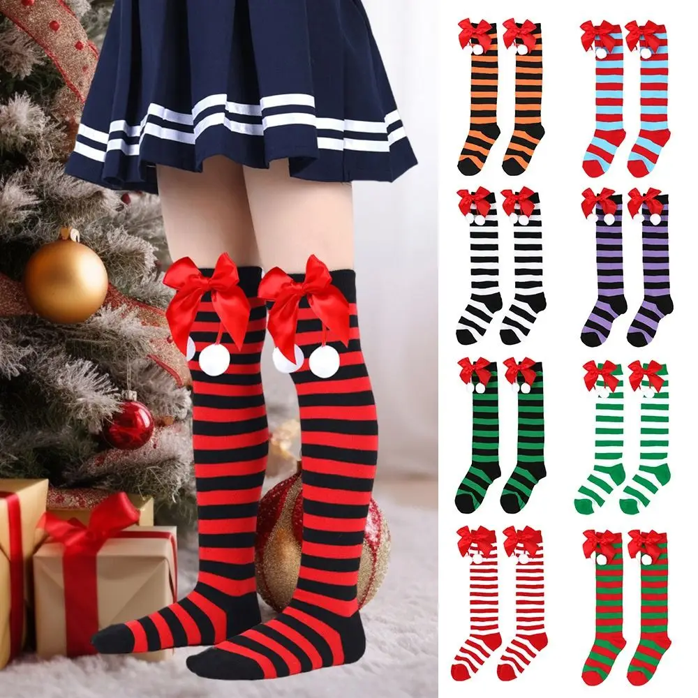 Рождественские носки с антифрикционным покрытием, милый бантик, шарик для волос, Рождественские чулки из полиэстера, Детские носки в полоску, детские 1