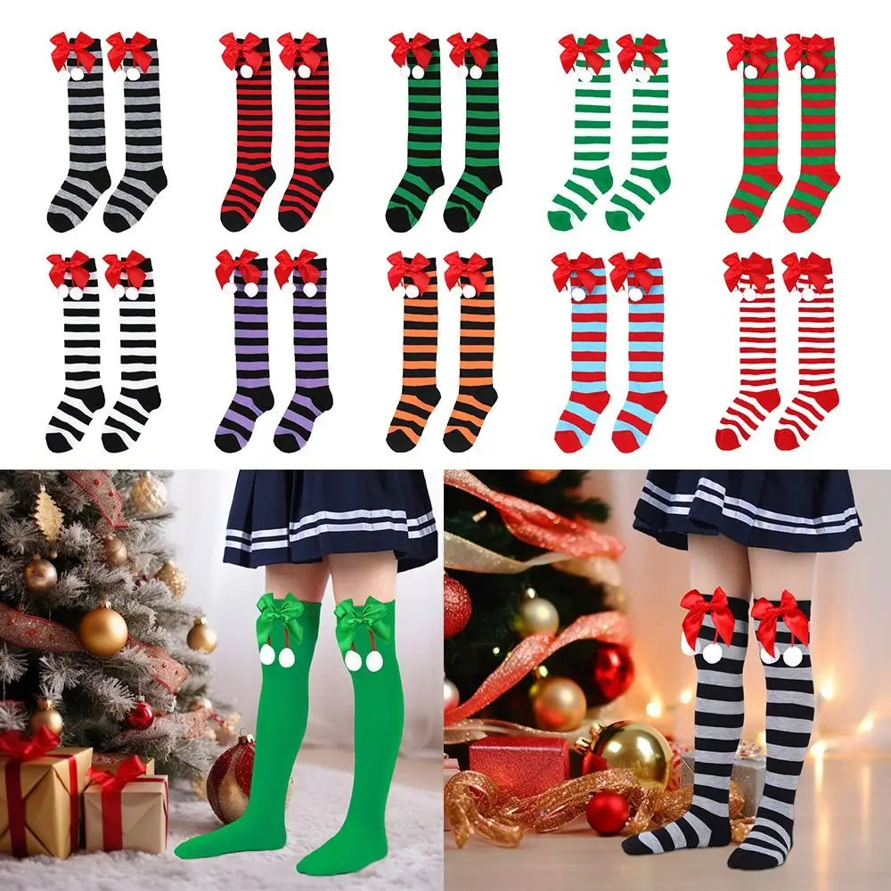 Рождественские носки с антифрикционным покрытием, милый бантик, шарик для волос, Рождественские чулки из полиэстера, Детские носки в полоску, детские 2