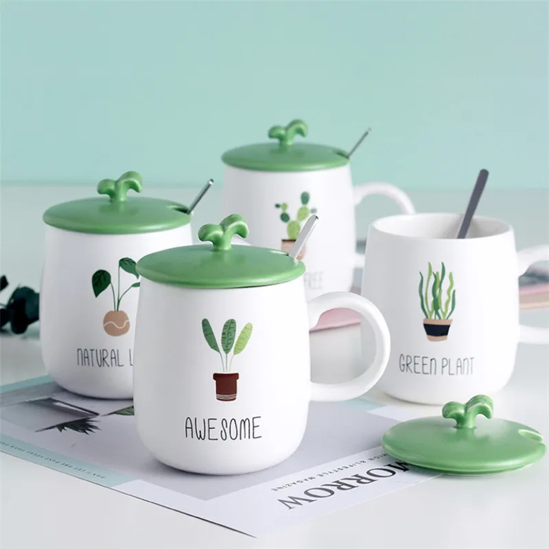Керамическая Кофейная кружка с мультяшным зеленым растением с крышкой и ложкой, креативная фарфоровая милая домашняя чашка для молока, Офисная чашка для питья. 0