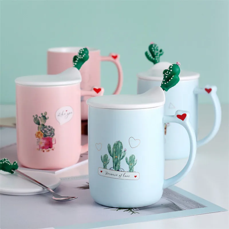 Керамическая Кофейная кружка с мультяшным зеленым растением с крышкой и ложкой, креативная фарфоровая милая домашняя чашка для молока, Офисная чашка для питья. 1