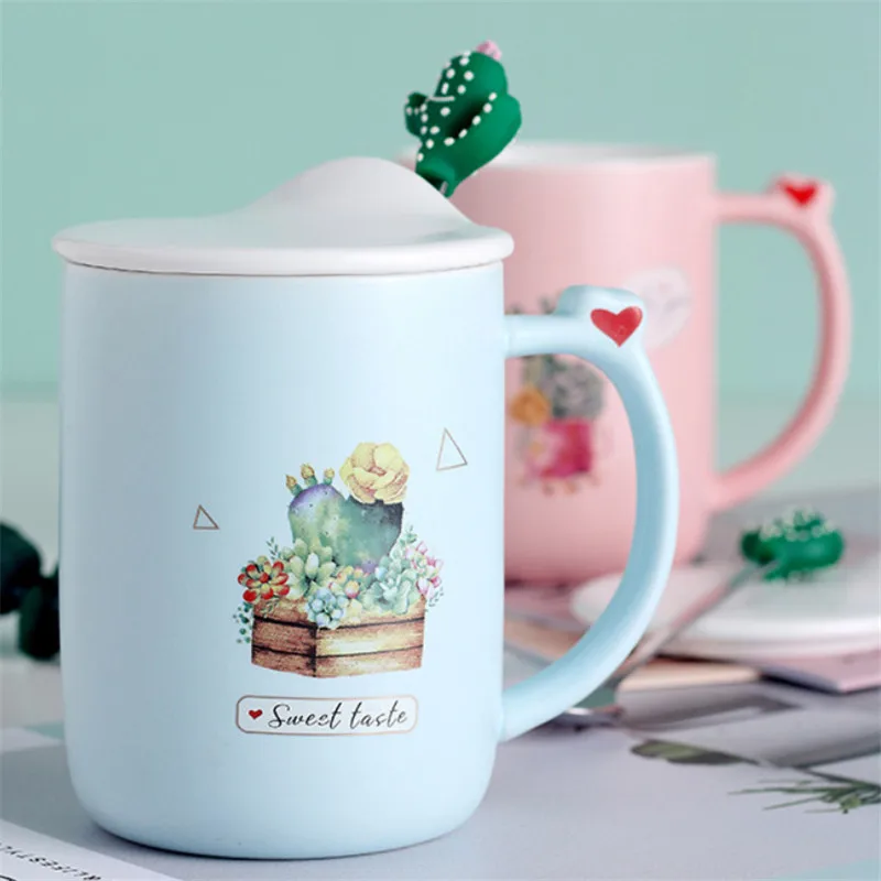 Керамическая Кофейная кружка с мультяшным зеленым растением с крышкой и ложкой, креативная фарфоровая милая домашняя чашка для молока, Офисная чашка для питья. 2