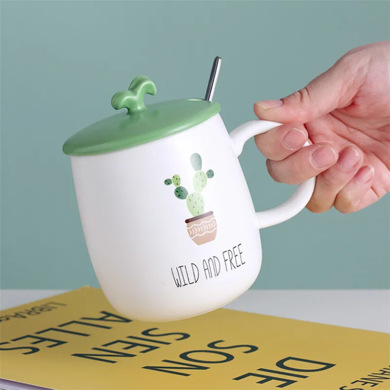 Керамическая Кофейная кружка с мультяшным зеленым растением с крышкой и ложкой, креативная фарфоровая милая домашняя чашка для молока, Офисная чашка для питья. 4