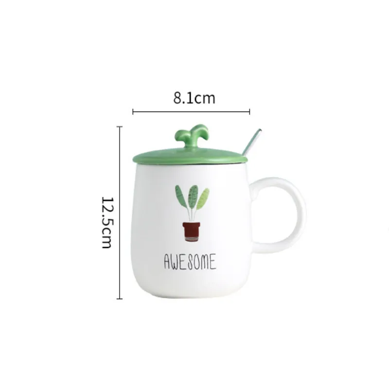 Керамическая Кофейная кружка с мультяшным зеленым растением с крышкой и ложкой, креативная фарфоровая милая домашняя чашка для молока, Офисная чашка для питья. 5