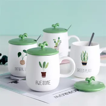 Керамическая Кофейная кружка с мультяшным зеленым растением с крышкой и ложкой, креативная фарфоровая милая домашняя чашка для молока, Офисная чашка для питья.