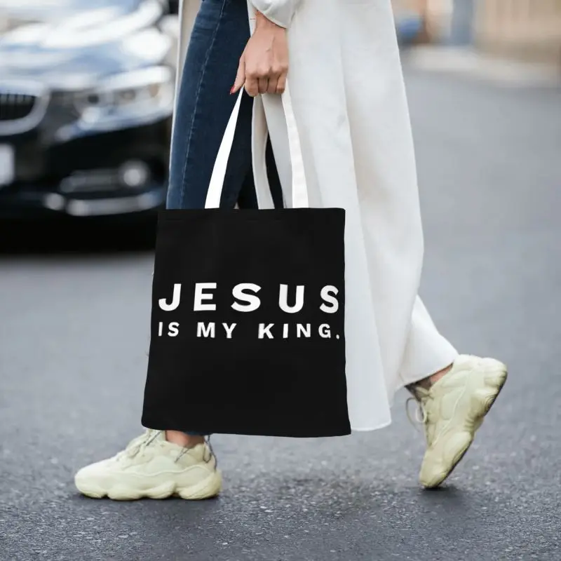 Изготовленные на заказ холщовые сумки для покупок Jesus Is My King Женские сумки для покупок My King Faith Christian God из вторичной переработки 3