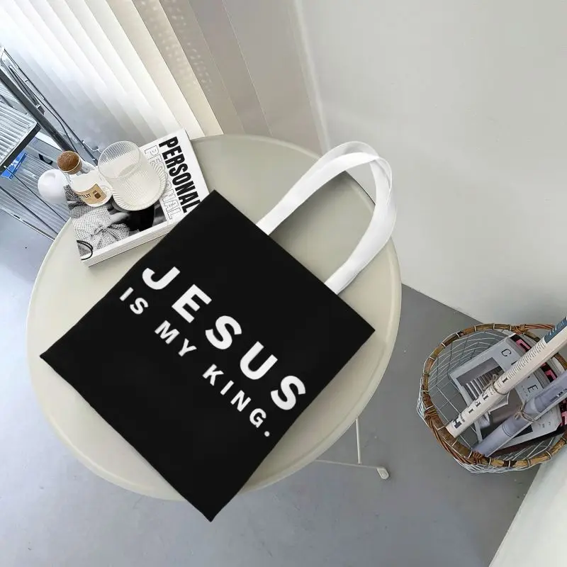 Изготовленные на заказ холщовые сумки для покупок Jesus Is My King Женские сумки для покупок My King Faith Christian God из вторичной переработки 5