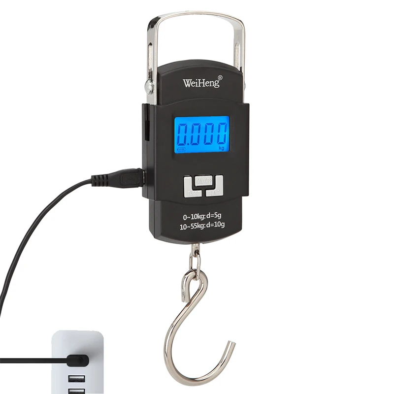 Весы для зарядки через USB 55 кг 10 г ЖК-экран, цифровые подвесные кухонные весы с подсветкой и крючком, электронные весы для взвешивания багажа 0