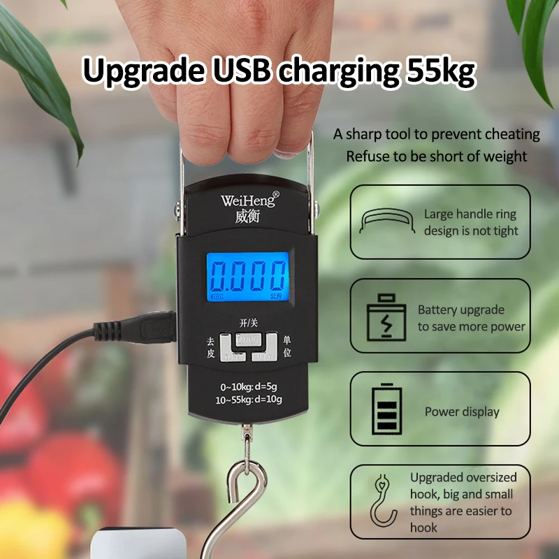 Весы для зарядки через USB 55 кг 10 г ЖК-экран, цифровые подвесные кухонные весы с подсветкой и крючком, электронные весы для взвешивания багажа 2