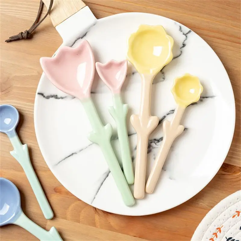 Десертная ложка в стиле Ins, керамическая ложка для трехмерного моделирования тюльпанов, Кофейная ложка, ложка для мороженого, Бытовая кухонная посуда 0