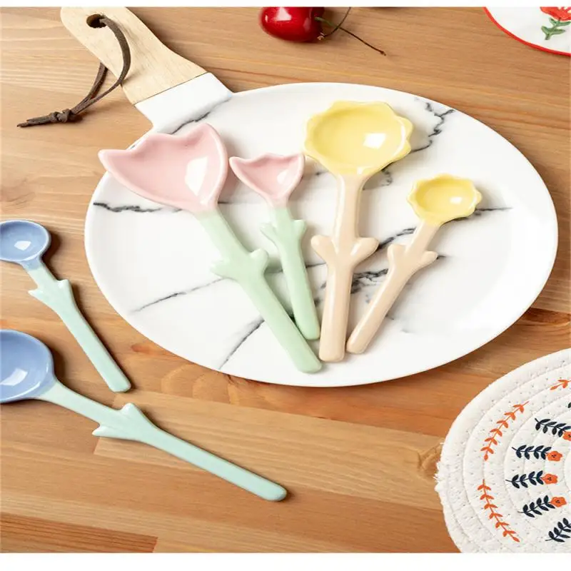Десертная ложка в стиле Ins, керамическая ложка для трехмерного моделирования тюльпанов, Кофейная ложка, ложка для мороженого, Бытовая кухонная посуда 2