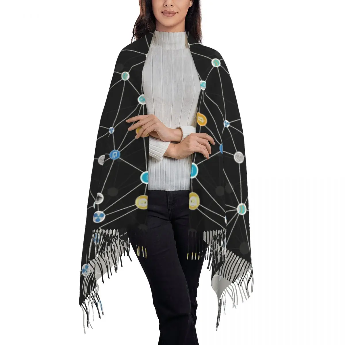 Криптовалютный шарф-накидка для женщин, длинная зимняя теплая шаль с кисточками, унисекс, шарфы для биткойнов, BTC 2