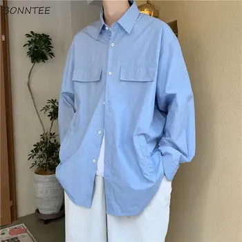 Мужские рубашки синего цвета с длинным рукавом, нежная универсальная японская уличная одежда, красивый инструментарий, Стильная мешковатая одежда для подростков Ulzzang