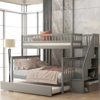 Двухъярусная кровать с двумя односпальными кроватями, с чемоданом и лестницей\ Серая сосна [на складе в США]