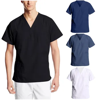 Униформа медсестры, мужская одежда, летние хлопчатобумажные топы с коротким рукавом и V-образным вырезом, рабочая униформа для медсестер, топы, футболки, Сплошные карманы, мужские туники
