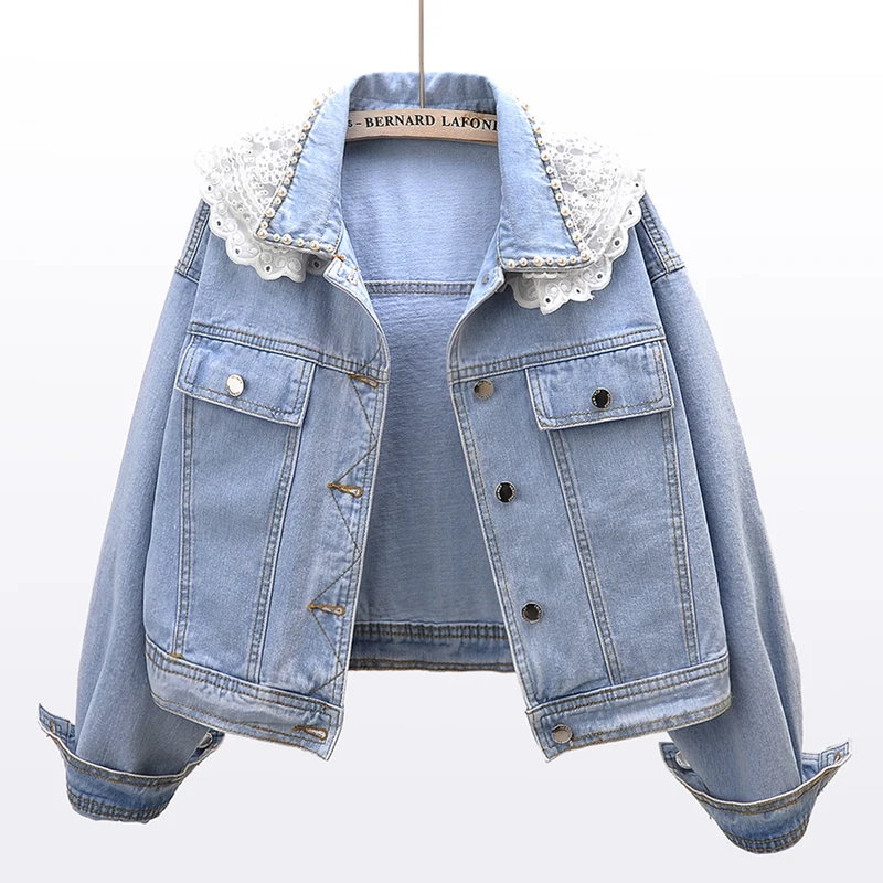 Весна 2023 года; джинсовая куртка с воротником-стойкой в корейском стиле, расшитая бисером; Женская Chaqueta Mujer; Свободная короткая джинсовая куртка с длинным рукавом; пальто Женское 0