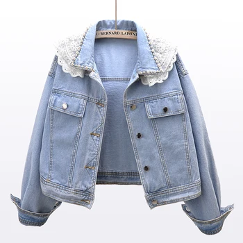 Весна 2023 года; джинсовая куртка с воротником-стойкой в корейском стиле, расшитая бисером; Женская Chaqueta Mujer; Свободная короткая джинсовая куртка с длинным рукавом; пальто Женское