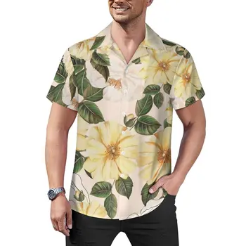 Желтые повседневные рубашки с цветочным принтом, рубашка для отдыха с зелеными листьями, гавайские модные блузки, мужские графические рубашки большого размера