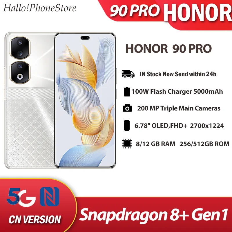 HONOR 90PRO 5G 120Hz 6,78 Дюйма OLED-смартфон Snapdragon 8 + Gen 1 200MP NFC 100 ВТ 5000 мАч MagicOS 7,1 OTA 0