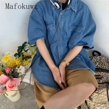 Японская винтажная рубашка в Гонконгском стиле, простая джинсовая блузка старой стирки с коротким рукавом, мужская мода Лета 2023, Новая универсальная блузка