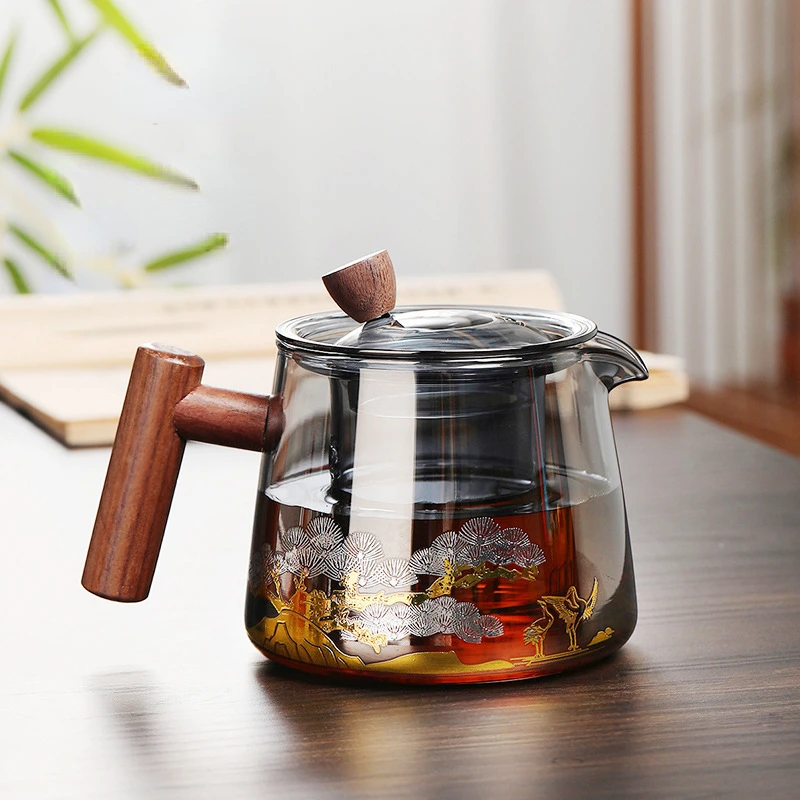 Стеклянный чайник Высокотемпературный Стеклянный чайник Чайный сервиз С деревянной ручкой Двухслойный фильтр Для заварки чая Бытовой Кухонный контейнер 0