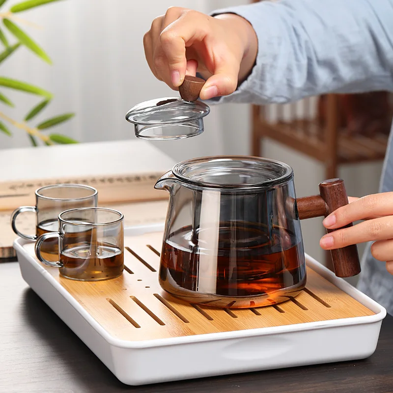 Стеклянный чайник Высокотемпературный Стеклянный чайник Чайный сервиз С деревянной ручкой Двухслойный фильтр Для заварки чая Бытовой Кухонный контейнер 1